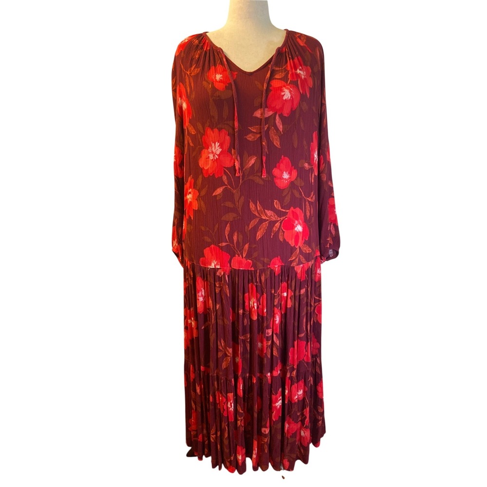 Large Floral Crinkle Crepe Maxi Dress Burgundy Dropped Waist Size L